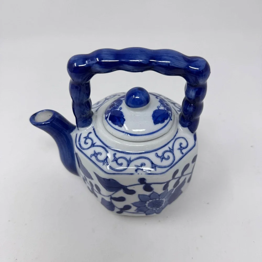 Blue and White Porcelain Teapot Floral Vine Design China Decorative Small